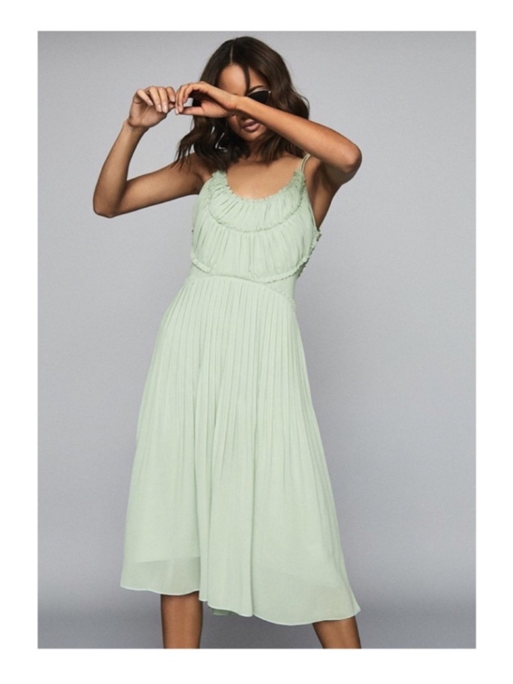 New! REISS Thora Pleated Ruffle Chiffon Lightweight Midi Dress in Light Olive